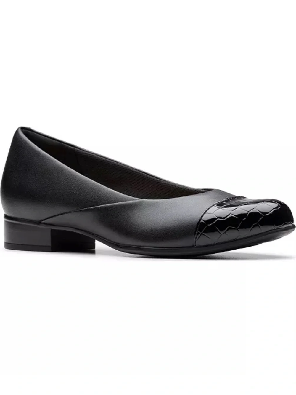 Clarks Black Women's Leather Ballet Flat with Glossy Textured Cap
